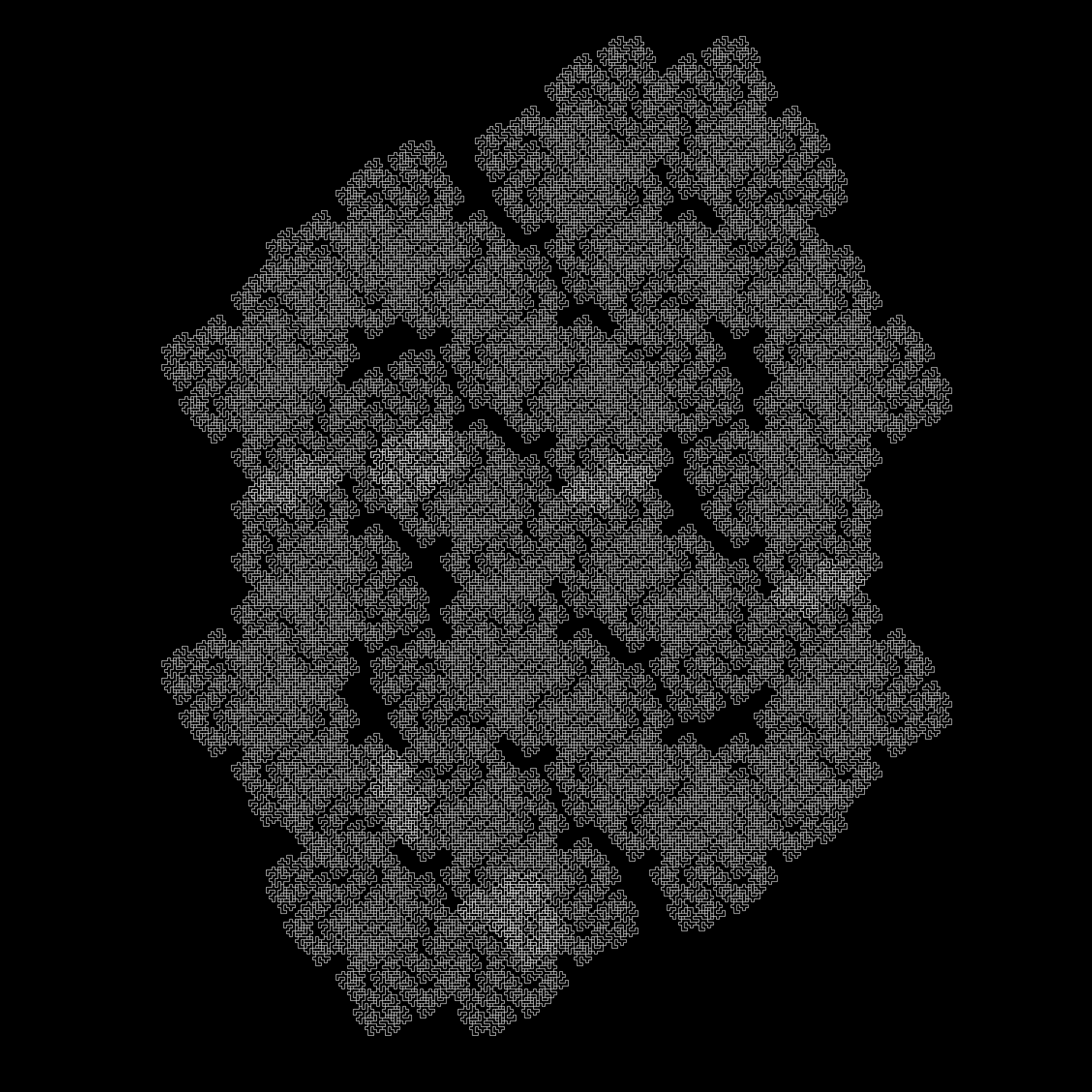 A fractal made up of a very intricate geometric pattern of thin white segments.